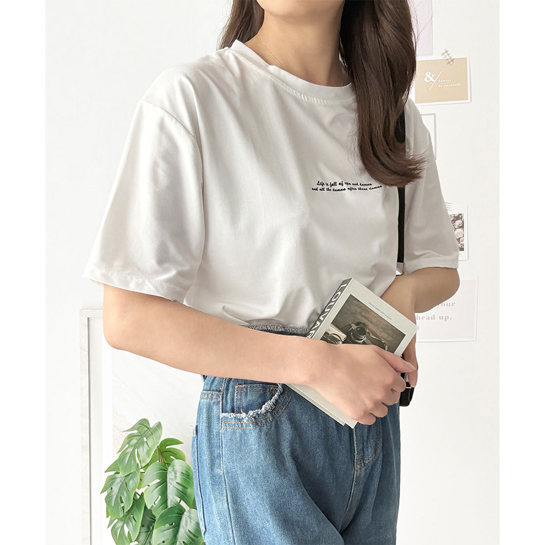 デューリリー Dewlily フロントロゴ半袖Tシャツ 夏トップス 半袖 デイリー ラフ シャツ Tシャツ カジュアル 韓国 ファッション レディース 春夏 着回し 体型カバー （オレンジ） オレンジ