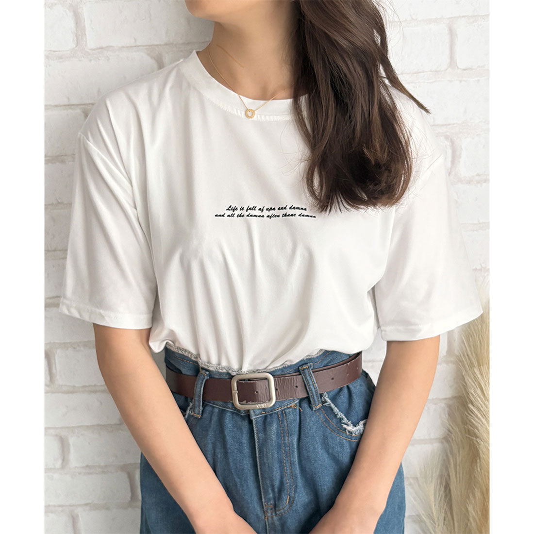 デューリリー Dewlily フロントロゴ半袖Tシャツ 夏トップス 半袖 デイリー ラフ シャツ Tシャツ カジュアル 韓国 ファッション レディース 春夏 着回し 体型カバー （オレンジ） オレンジ