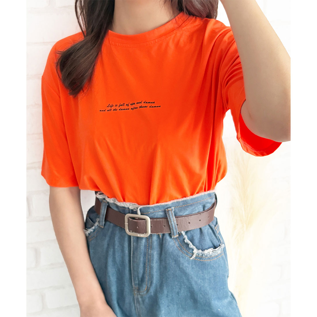 デューリリー Dewlily フロントロゴ半袖Tシャツ 夏トップス 半袖 デイリー ラフ シャツ Tシャツ カジュアル 韓国 ファッション レディース 春夏 着回し 体型カバー （オレンジ） オレンジ