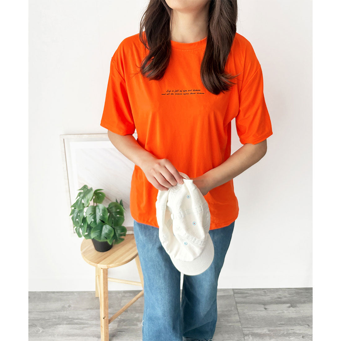 デューリリー Dewlily フロントロゴ半袖Tシャツ 夏トップス 半袖 デイリー ラフ シャツ Tシャツ カジュアル 韓国 ファッション レディース 春夏 着回し 体型カバー （オレンジ） オレンジ