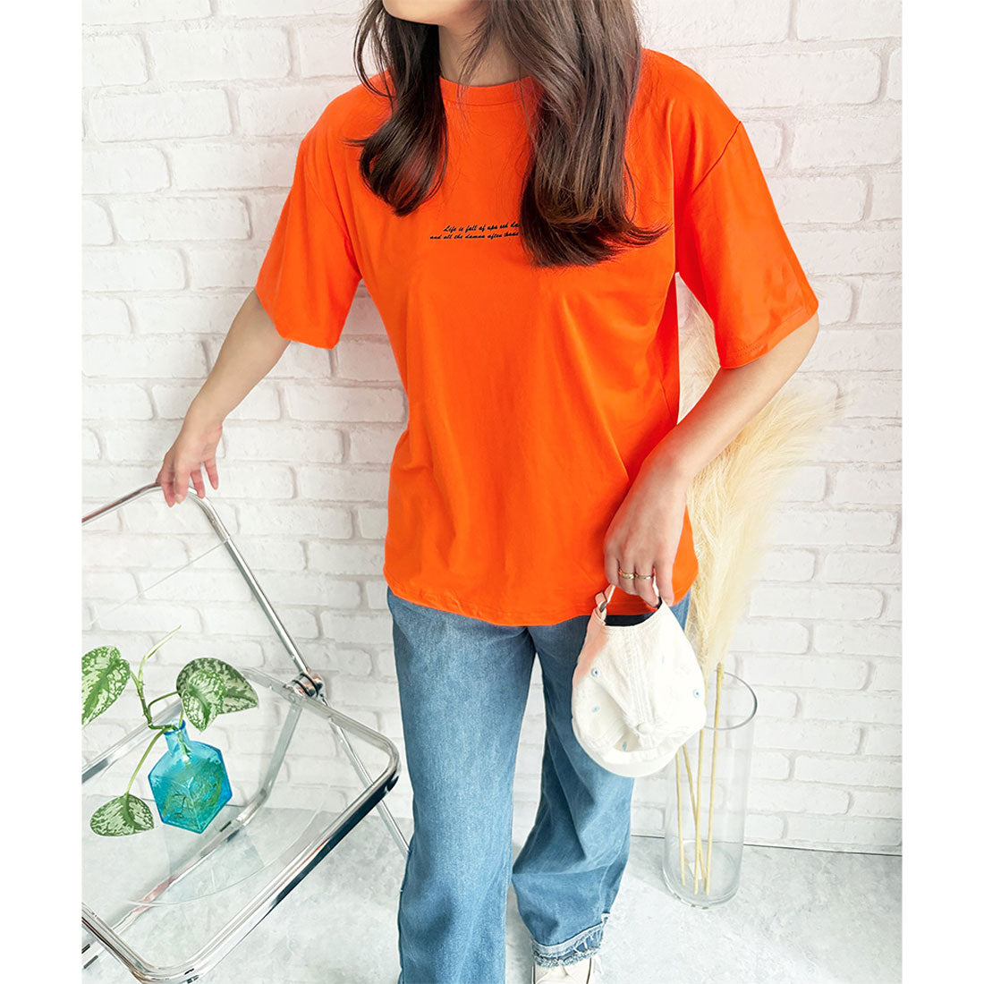 デューリリー Dewlily フロントロゴ半袖Tシャツ 夏トップス 半袖 デイリー ラフ シャツ Tシャツ カジュアル 韓国 ファッション レディース 春夏 着回し 体型カバー （オレンジ） オレンジ