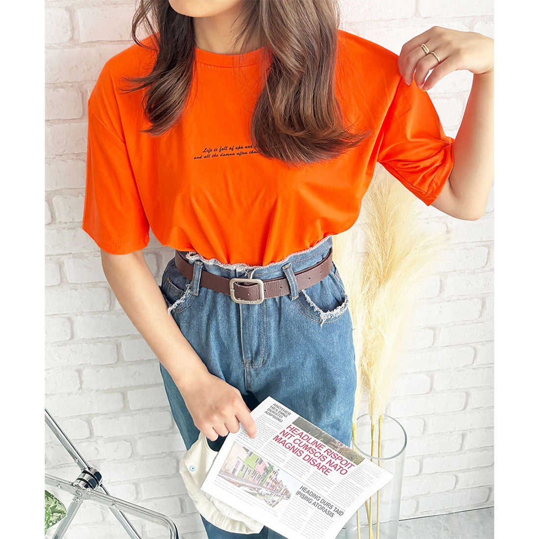 デューリリー Dewlily フロントロゴ半袖Tシャツ 夏トップス 半袖 デイリー ラフ シャツ Tシャツ カジュアル 韓国 ファッション レディース 春夏 着回し 体型カバー （オレンジ） オレンジ