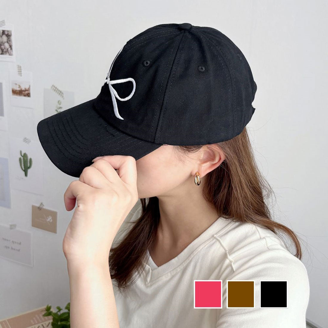 デューリリー Dewlily リボン刺繍キャップ レディース ベースボールキャップ 帽子 韓国ファッション ガーリー 春夏秋冬 日差し避け カジュアル スポーティー ローキャップ （ブラック） ブラック