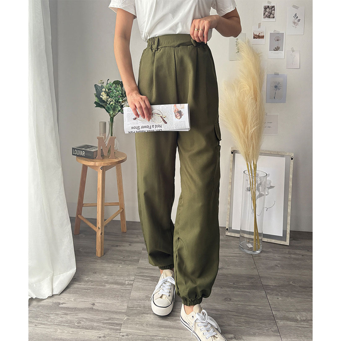 デューリリー Dewlily カーゴ風ジョガーパンツ レディース 無地 カジュアル 春夏秋 ロング丈 ウエストゴム 韓国ファッション ポケット ズボン ボトムス 作業 ストリート （カーキ） カーキ