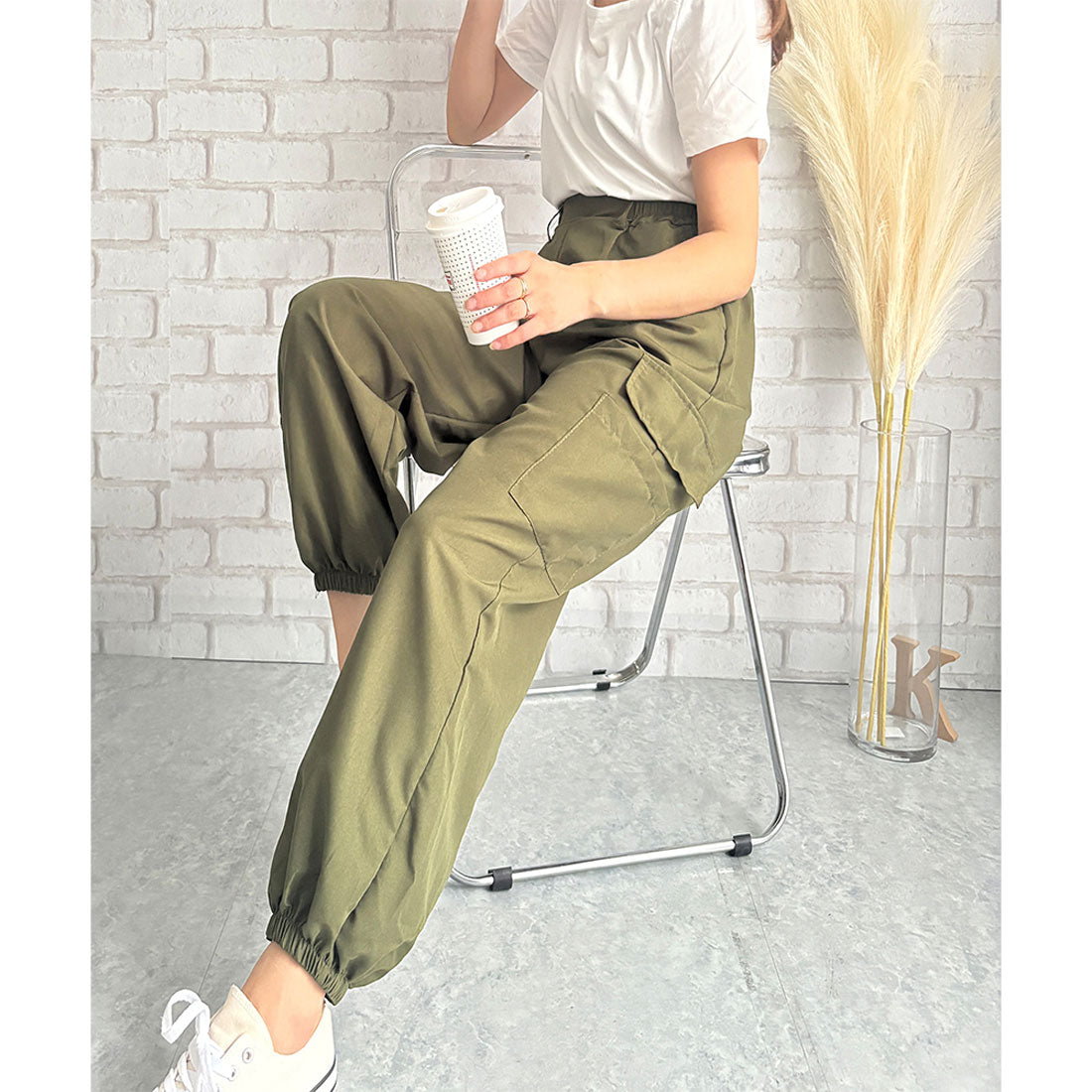 デューリリー Dewlily カーゴ風ジョガーパンツ レディース 無地 カジュアル 春夏秋 ロング丈 ウエストゴム 韓国ファッション ポケット ズボン ボトムス 作業 ストリート （カーキ） カーキ