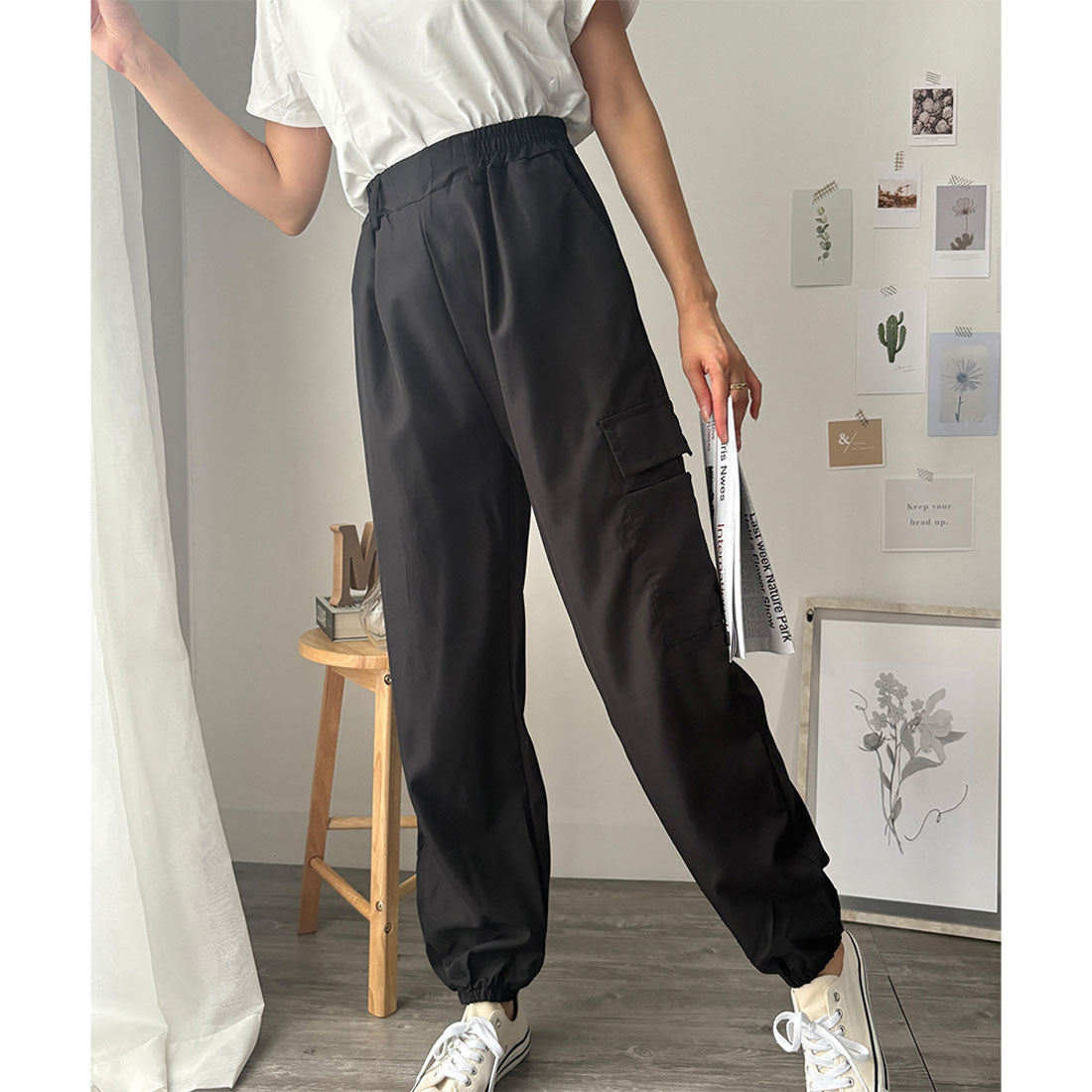 デューリリー Dewlily カーゴ風ジョガーパンツ レディース 無地 カジュアル 春夏秋 ロング丈 ウエストゴム 韓国ファッション ポケット ズボン ボトムス 作業 ストリート （カーキ） カーキ