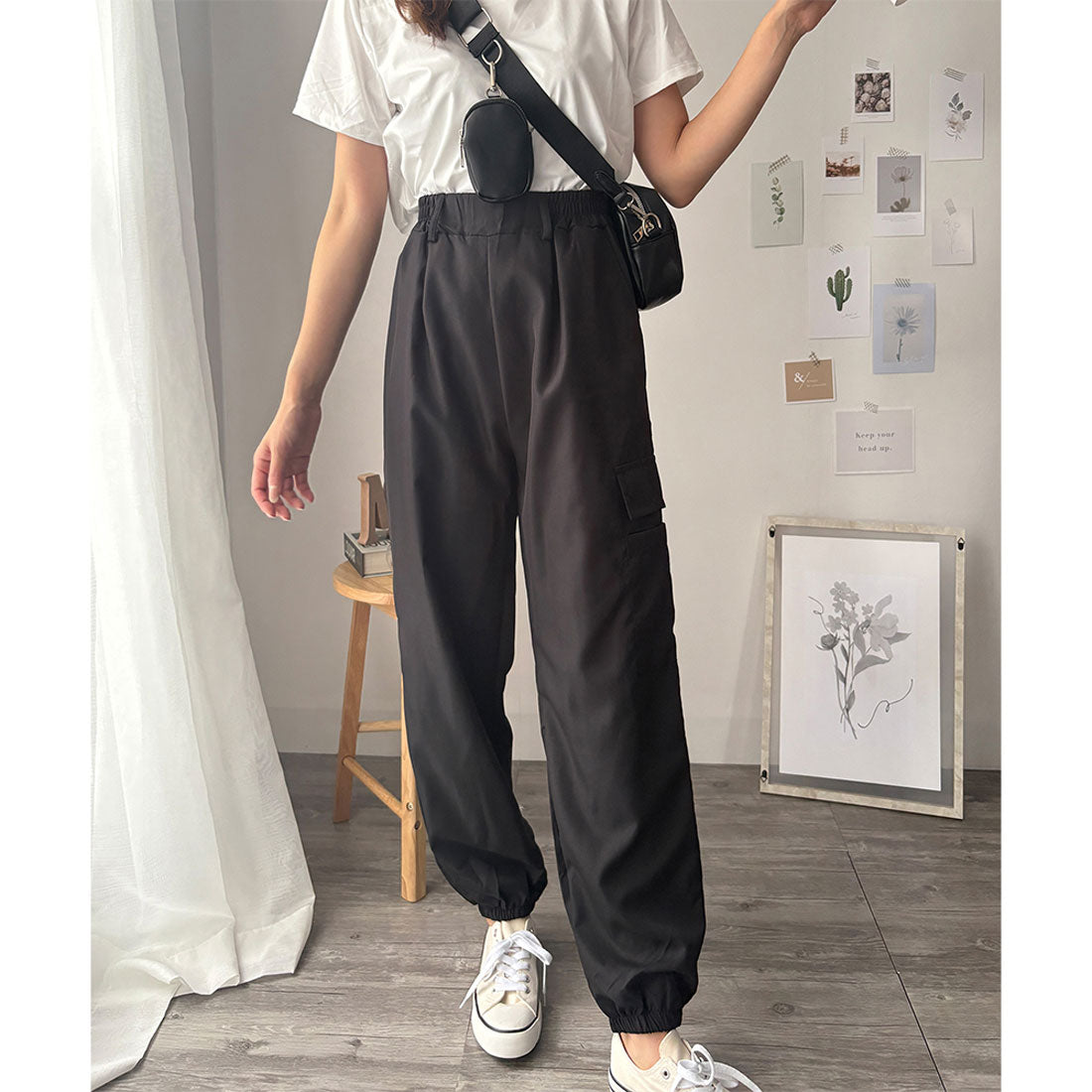 デューリリー Dewlily カーゴ風ジョガーパンツ レディース 無地 カジュアル 春夏秋 ロング丈 ウエストゴム 韓国ファッション ポケット ズボン ボトムス 作業 ストリート （カーキ） カーキ