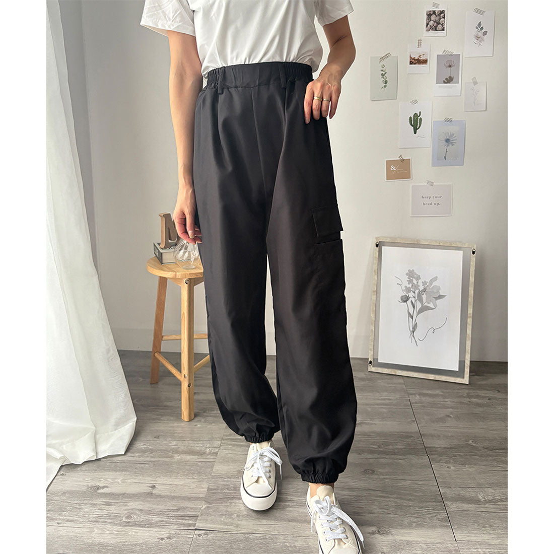デューリリー Dewlily カーゴ風ジョガーパンツ レディース 無地 カジュアル 春夏秋 ロング丈 ウエストゴム 韓国ファッション ポケット ズボン ボトムス 作業 ストリート （カーキ） カーキ