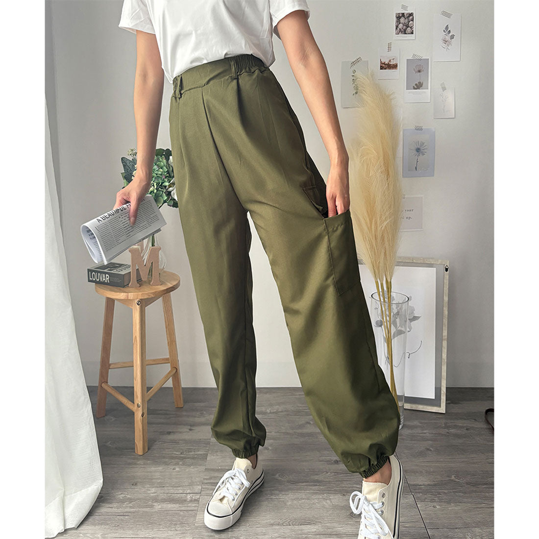 デューリリー Dewlily カーゴ風ジョガーパンツ レディース 無地 カジュアル 春夏秋 ロング丈 ウエストゴム 韓国ファッション ポケット ズボン ボトムス 作業 ストリート （カーキ） カーキ