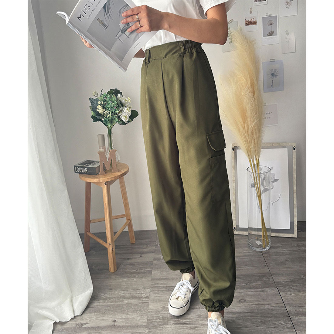 デューリリー Dewlily カーゴ風ジョガーパンツ レディース 無地 カジュアル 春夏秋 ロング丈 ウエストゴム 韓国ファッション ポケット ズボン ボトムス 作業 ストリート （カーキ） カーキ