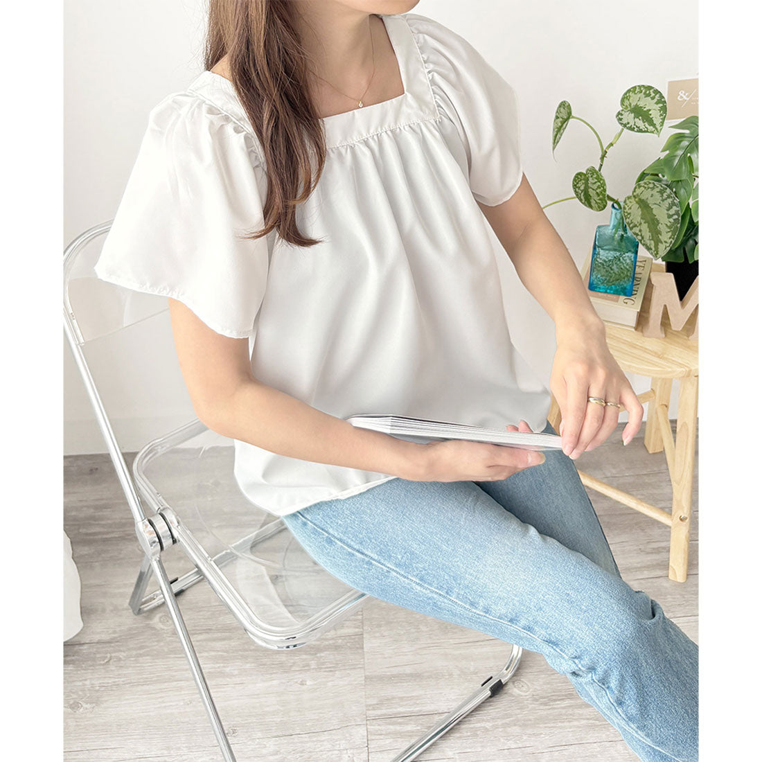 デューリリー Dewlily フレア半袖ギャザーブラウス レディース ふんわりシルエット 大人可愛い ナチュラル カジュアル 夏服 無地 シンプル フレア トップス お出かけ （ブルー） ブルー