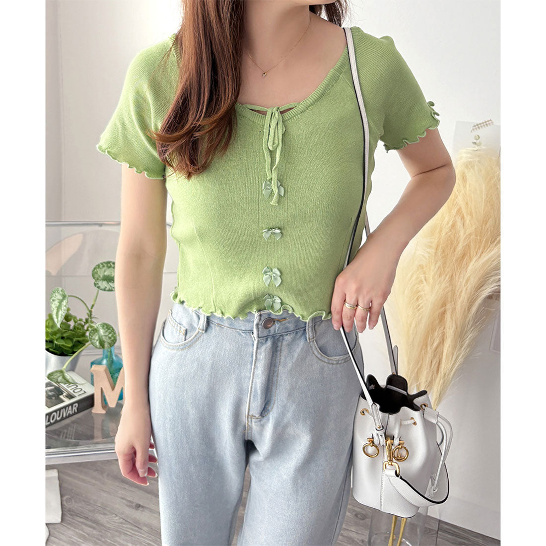 デューリリー Dewlily リボン付きショートニットトップス レディース 半袖 春夏 韓国ファッション ガーリー クロップド丈 かわいい サマーニット カジュアル お出かけ （グリーン） グリーン