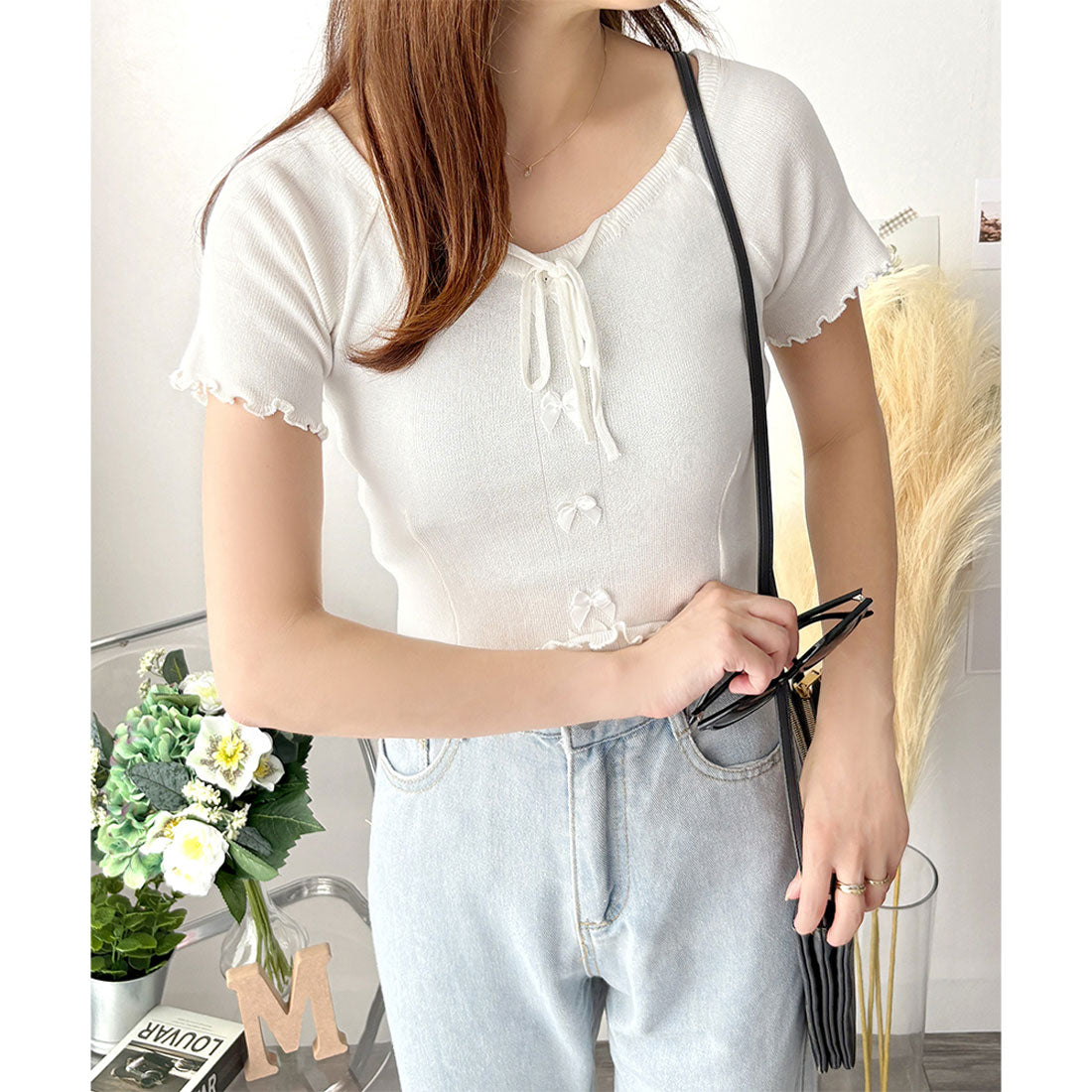 デューリリー Dewlily リボン付きショートニットトップス レディース 半袖 春夏 韓国ファッション ガーリー クロップド丈 かわいい サマーニット カジュアル お出かけ （グリーン） グリーン