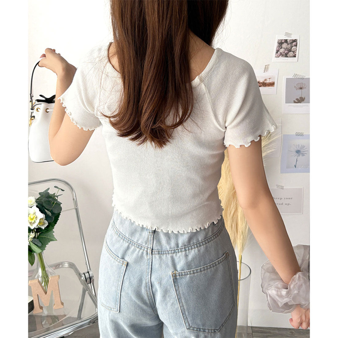 デューリリー Dewlily リボン付きショートニットトップス レディース 半袖 春夏 韓国ファッション ガーリー クロップド丈 かわいい サマーニット カジュアル お出かけ （グリーン） グリーン