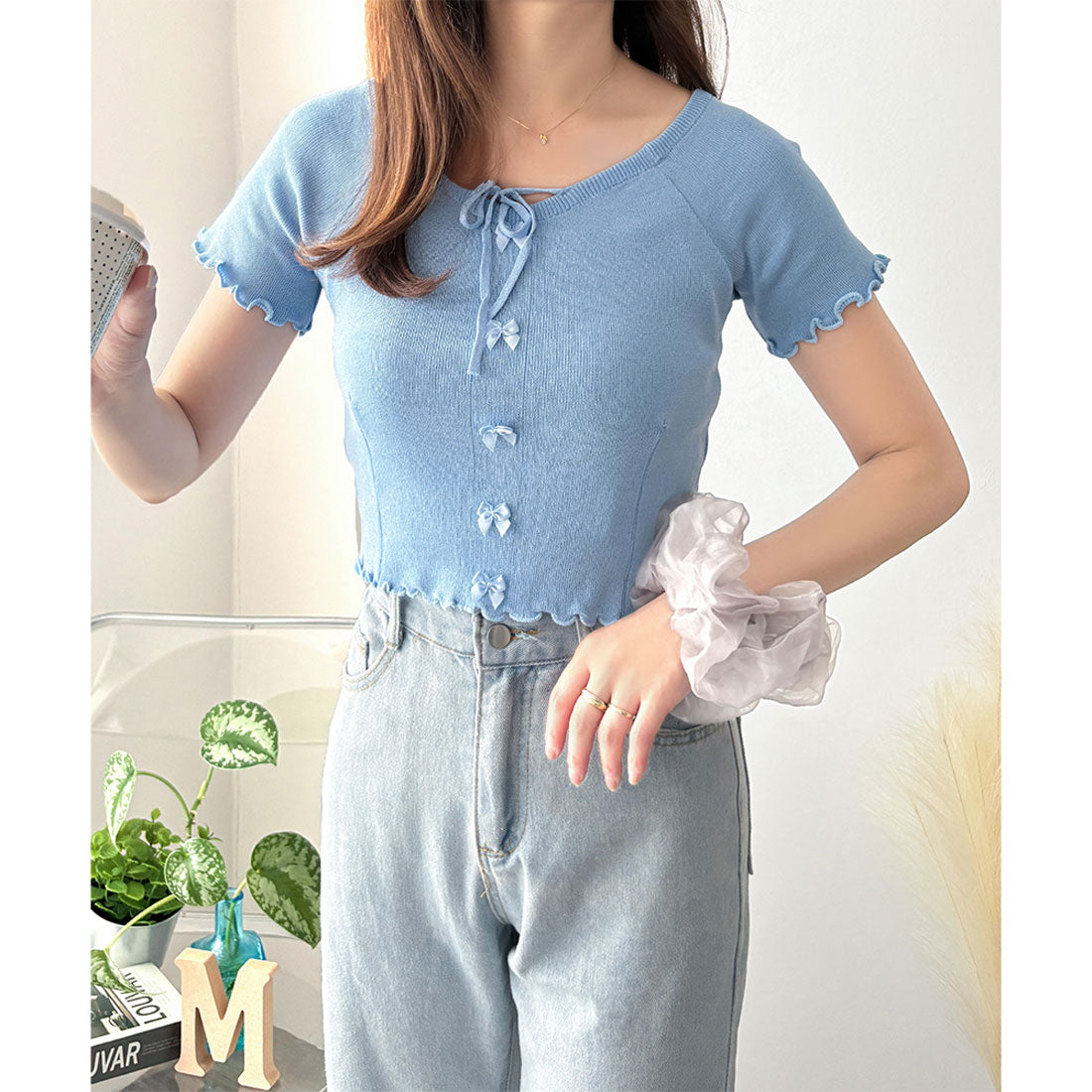 デューリリー Dewlily リボン付きショートニットトップス レディース 半袖 春夏 韓国ファッション ガーリー クロップド丈 かわいい サマーニット カジュアル お出かけ （グリーン） グリーン