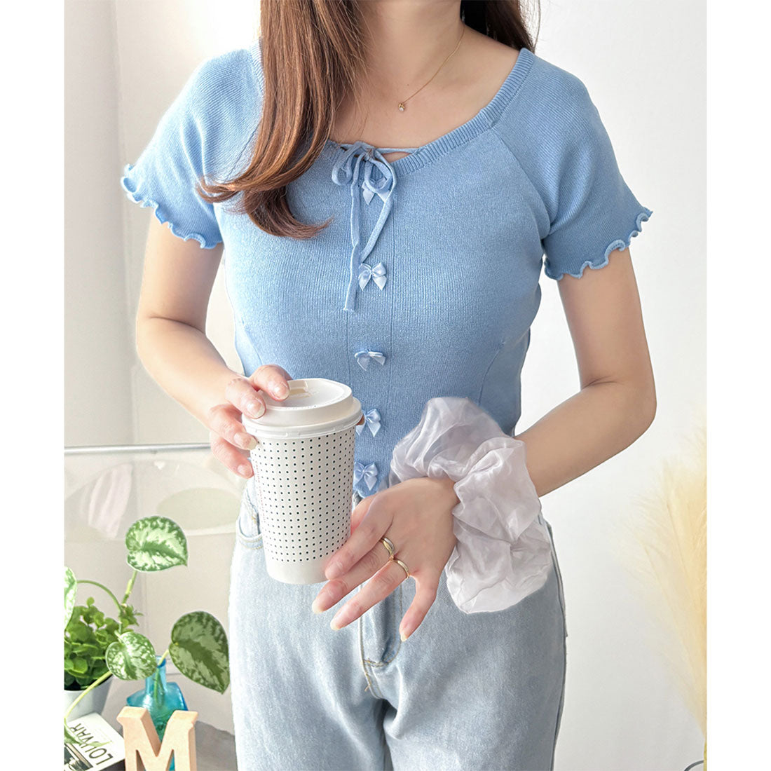 デューリリー Dewlily リボン付きショートニットトップス レディース 半袖 春夏 韓国ファッション ガーリー クロップド丈 かわいい サマーニット カジュアル お出かけ （グリーン） グリーン