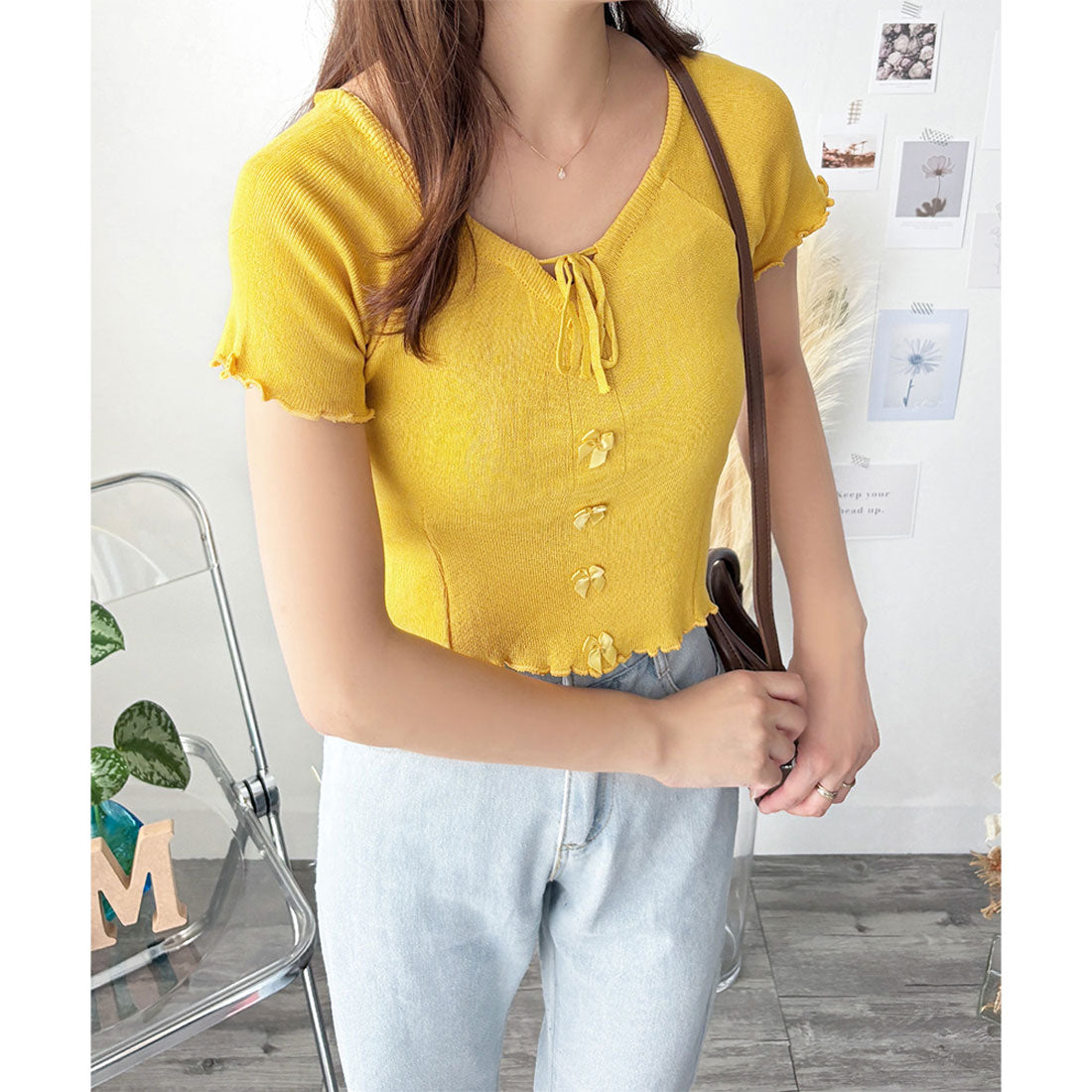 デューリリー Dewlily リボン付きショートニットトップス レディース 半袖 春夏 韓国ファッション ガーリー クロップド丈 かわいい サマーニット カジュアル お出かけ （グリーン） グリーン
