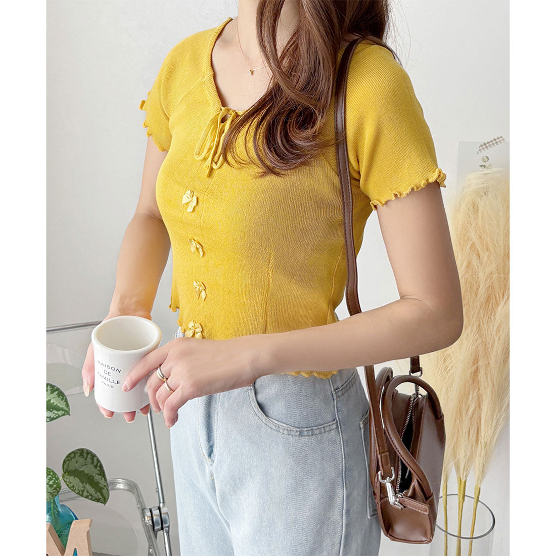 デューリリー Dewlily リボン付きショートニットトップス レディース 半袖 春夏 韓国ファッション ガーリー クロップド丈 かわいい サマーニット カジュアル お出かけ （グリーン） グリーン
