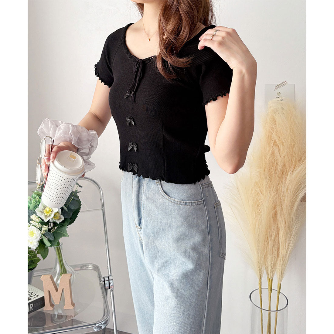 デューリリー Dewlily リボン付きショートニットトップス レディース 半袖 春夏 韓国ファッション ガーリー クロップド丈 かわいい サマーニット カジュアル お出かけ （グリーン） グリーン
