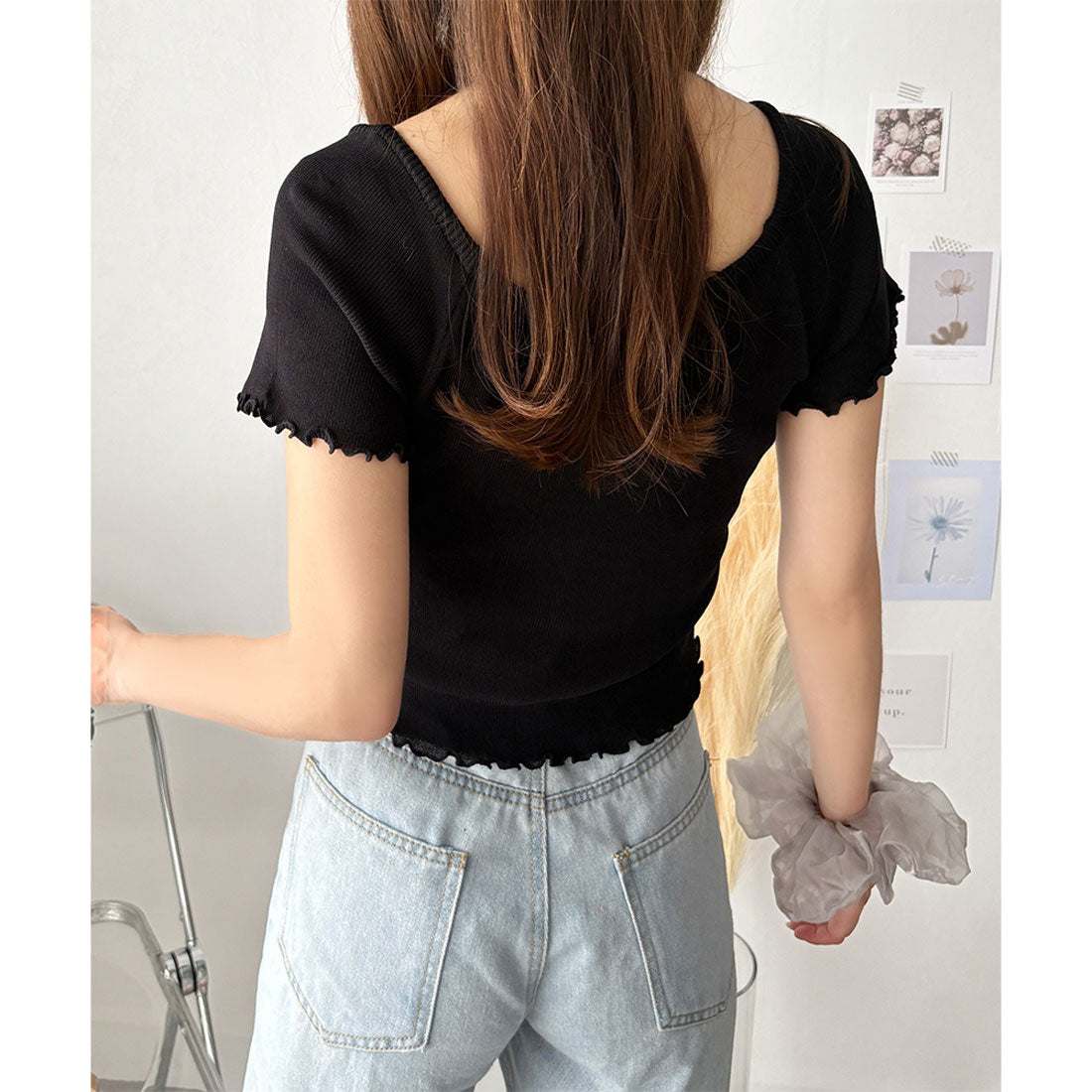 デューリリー Dewlily リボン付きショートニットトップス レディース 半袖 春夏 韓国ファッション ガーリー クロップド丈 かわいい サマーニット カジュアル お出かけ （グリーン） グリーン