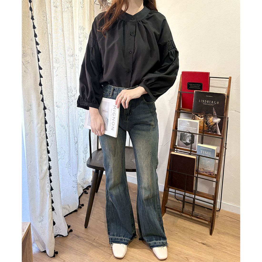 デューリリー Dewlily リラックスパフスリーブブラウス 体型カバー 長袖 ギャザー デイリー着回し 大人可愛い 上品きれいめ シンプル 無地 トップス 白 オフィス 韓国 （ブラック） ブラック