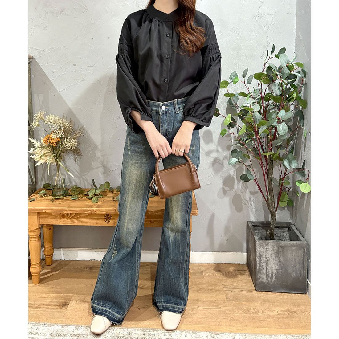 デューリリー Dewlily リラックスパフスリーブブラウス 体型カバー 長袖 ギャザー デイリー着回し 大人可愛い 上品きれいめ シンプル 無地 トップス 白 オフィス 韓国 （ブラック） ブラック