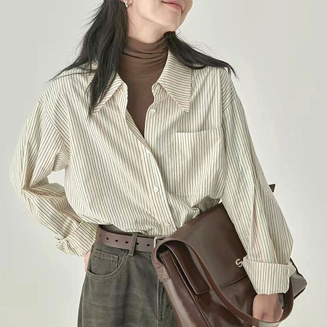 Dewlily Striped Blouse for Women, Tops, Shirts, Long Sleeves, Spring Clothes, Autumn Clothes, Korean Fashion, Teens, 20s, 30s, Office Casual, School, Large Sizes