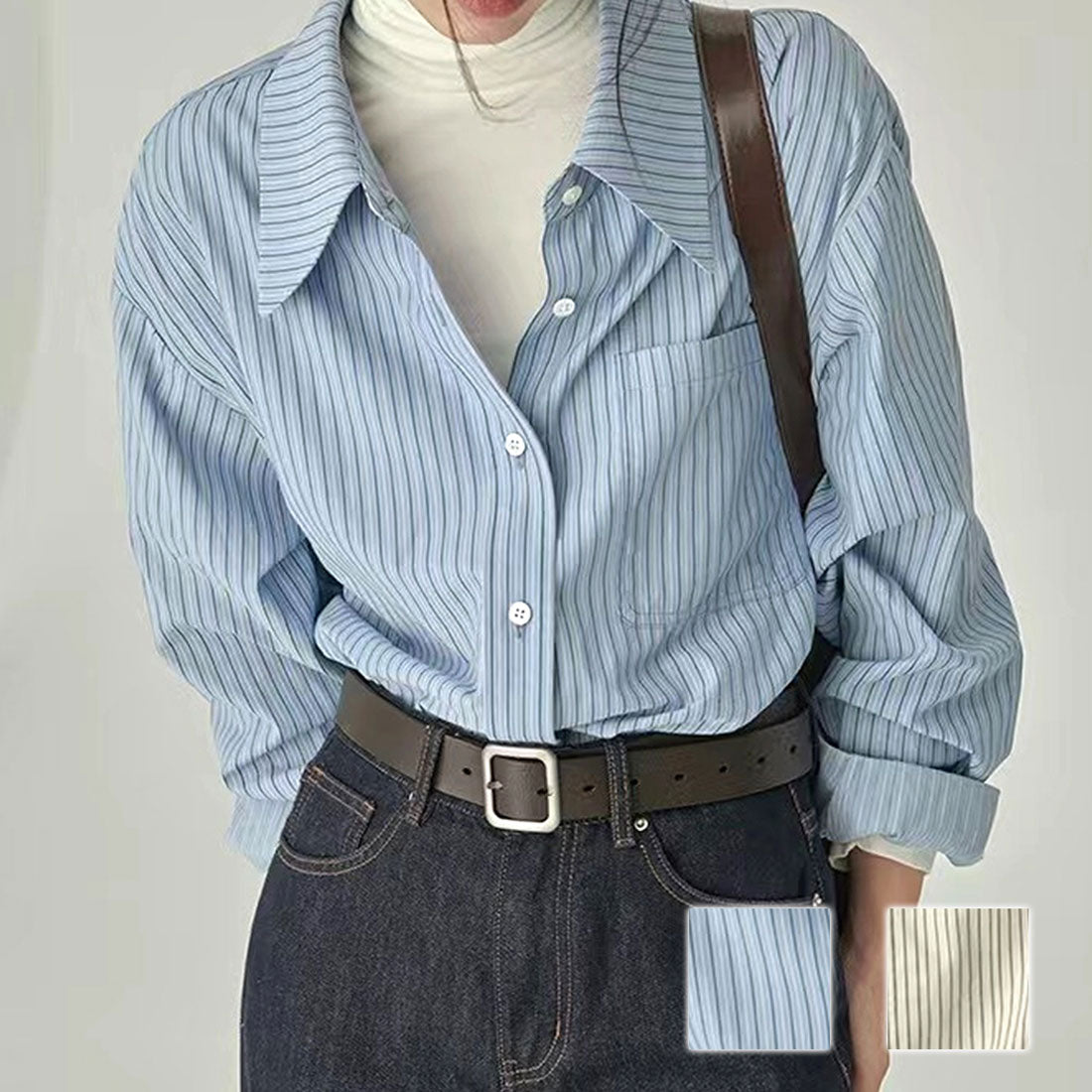 Dewlily Striped Blouse for Women, Tops, Shirts, Long Sleeves, Spring Clothes, Autumn Clothes, Korean Fashion, Teens, 20s, 30s, Office Casual, School, Large Sizes