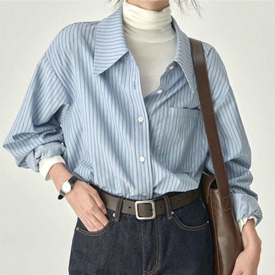 デューリリー Dewlily ストライプブラウス レディース トップス シャツ 長袖 春服 秋服 韓国ファッション 10代 20代 30代 オフィスカジュアル スクール 大きいサイズ （ベージュ） ベージュ