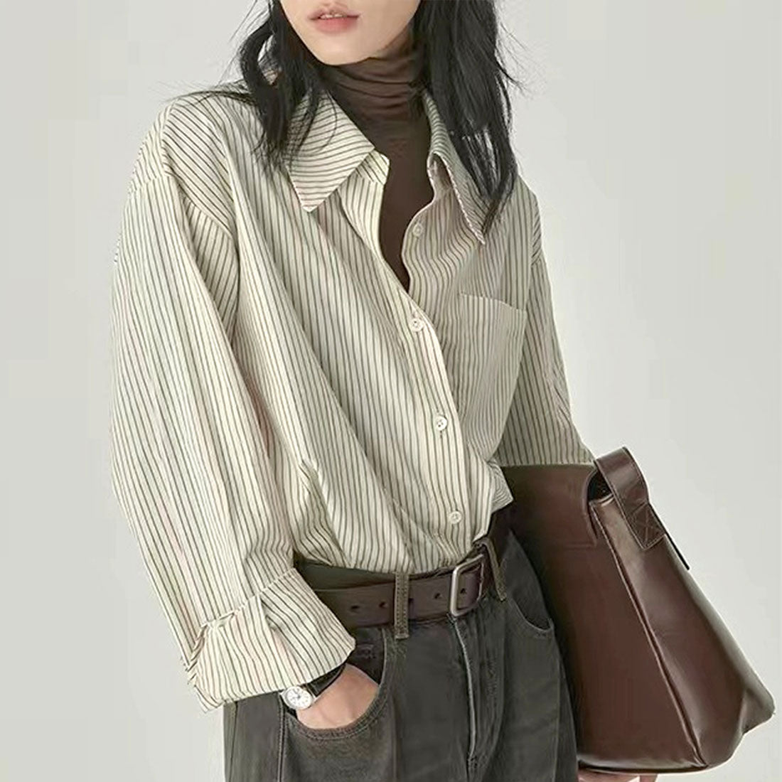 Dewlily Striped Blouse for Women, Tops, Shirts, Long Sleeves, Spring Clothes, Autumn Clothes, Korean Fashion, Teens, 20s, 30s, Office Casual, School, Large Sizes