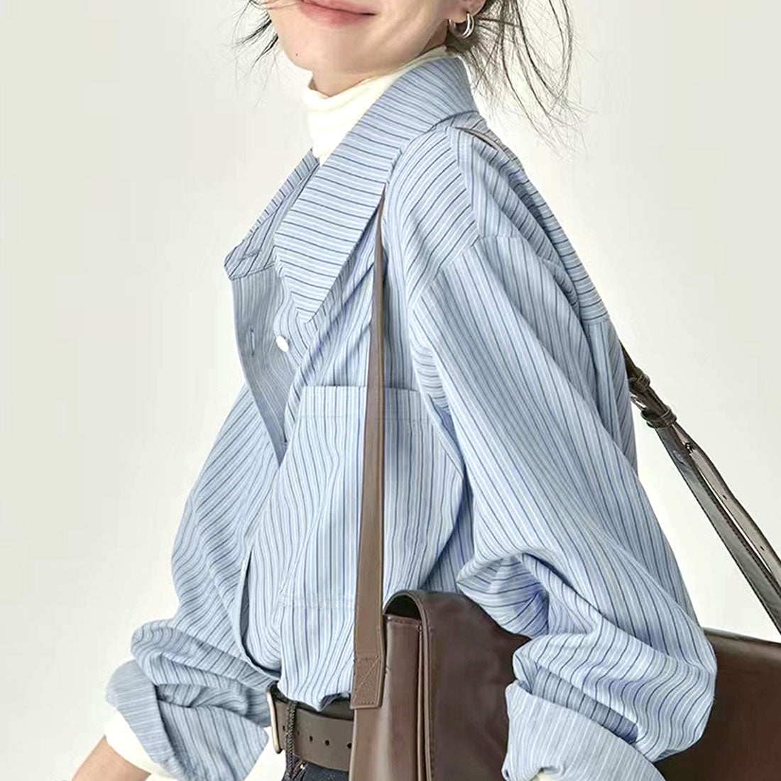 Dewlily Striped Blouse for Women, Tops, Shirts, Long Sleeves, Spring Clothes, Autumn Clothes, Korean Fashion, Teens, 20s, 30s, Office Casual, School, Large Sizes