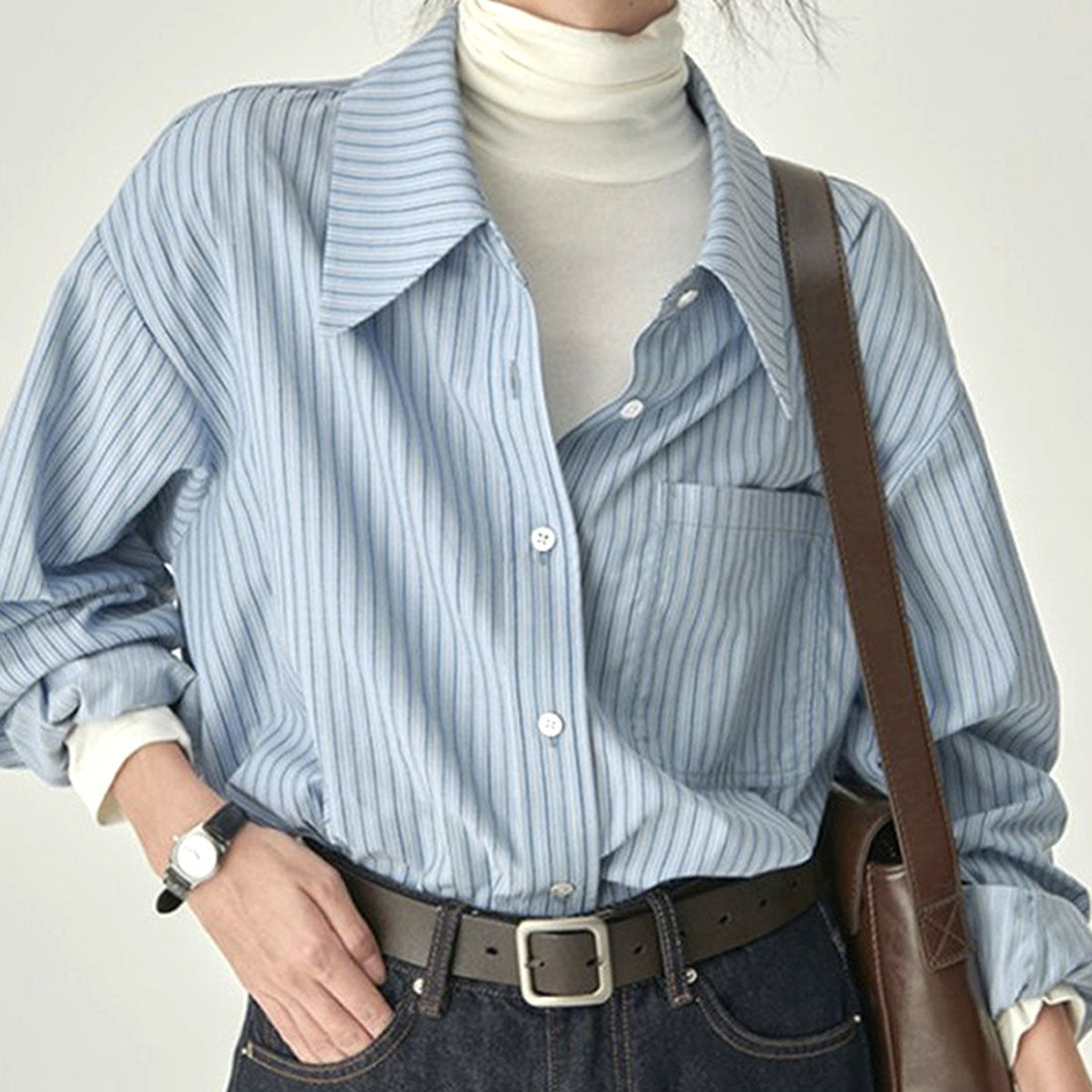 Dewlily Striped Blouse for Women, Tops, Shirts, Long Sleeves, Spring Clothes, Autumn Clothes, Korean Fashion, Teens, 20s, 30s, Office Casual, School, Large Sizes