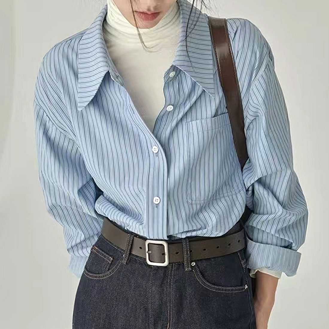 Dewlily Striped Blouse for Women, Tops, Shirts, Long Sleeves, Spring Clothes, Autumn Clothes, Korean Fashion, Teens, 20s, 30s, Office Casual, School, Large Sizes