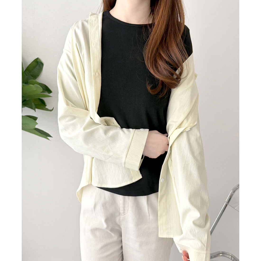 デューリリー Dewlily ラウンドネックリブカットソー レディース カジュアル オフィス 上品 大人 シンプル 無地 トップス デイリー 普段着 楽ちん 春秋冬 長袖 着回し （アイボリー） アイボリー