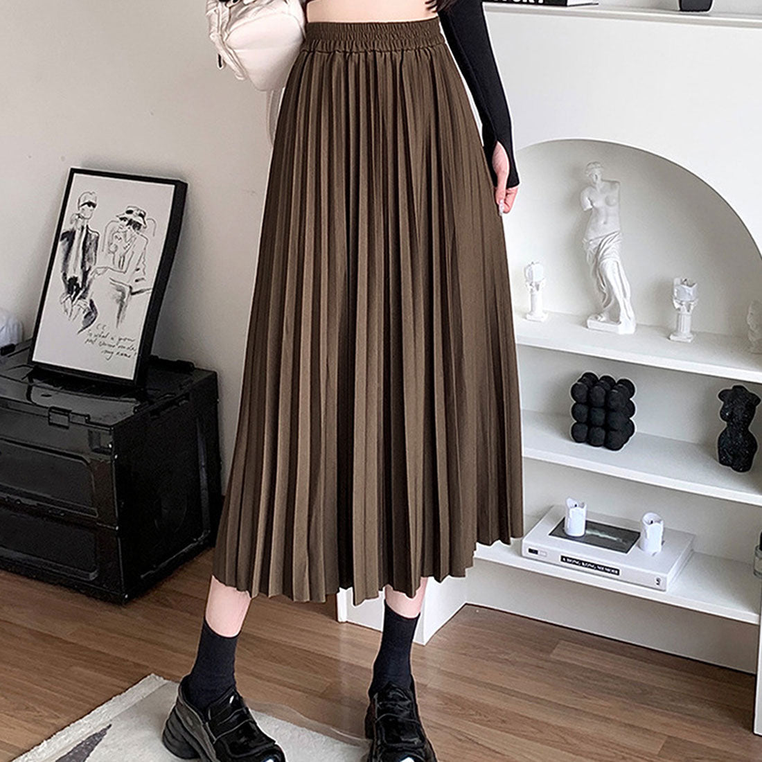 デューリリー Dewlily プリーツロングスカート レディース ボトムス 春服 夏服 秋服 韓国ファッション 10代 20代 30代 フレア ミディ丈 Aライン オフィスカジュアル