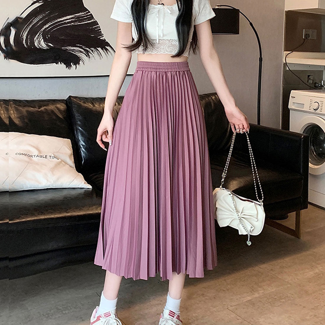 デューリリー Dewlily プリーツロングスカート レディース ボトムス 春服 夏服 秋服 韓国ファッション 10代 20代 30代 フレア ミディ丈 Aライン オフィスカジュアル