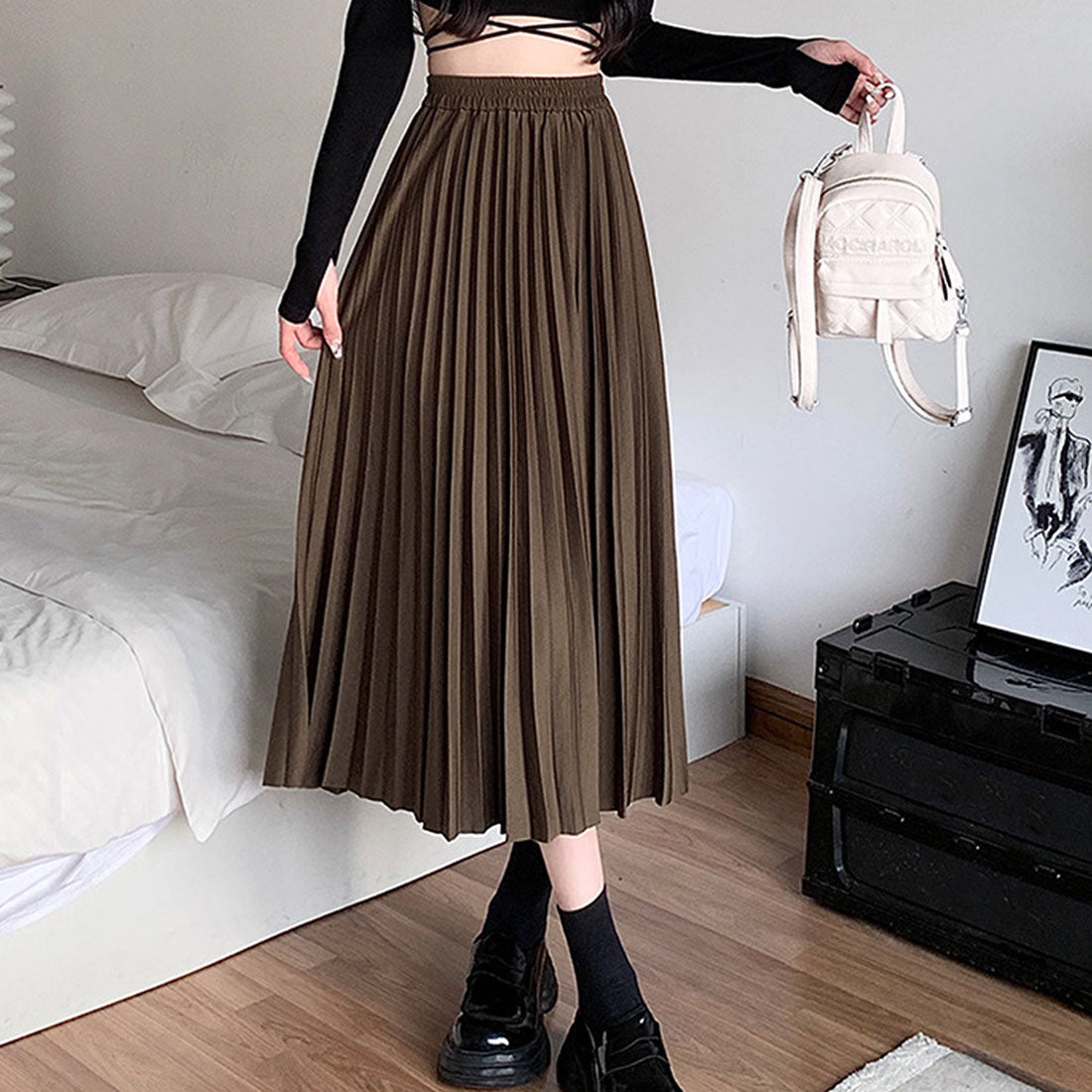 デューリリー Dewlily プリーツロングスカート レディース ボトムス 春服 夏服 秋服 韓国ファッション 10代 20代 30代 フレア ミディ丈 Aライン オフィスカジュアル