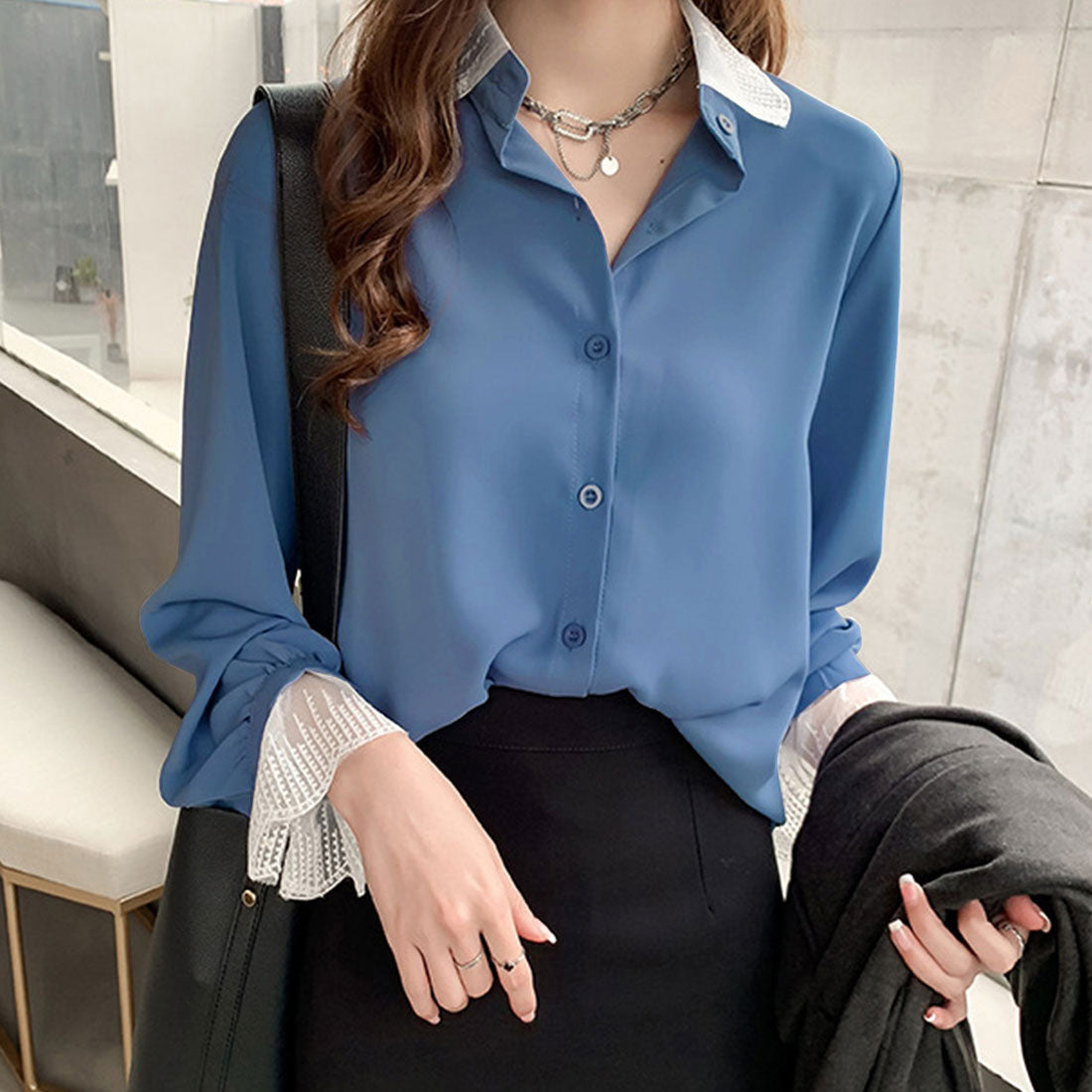 Dewlily Point Lace Blouse for Women Tops Shirts Long Sleeve Spring Clothes Autumn Clothes Korean Fashion for Teens 20s 30s Office Casual Feminine Plus Size