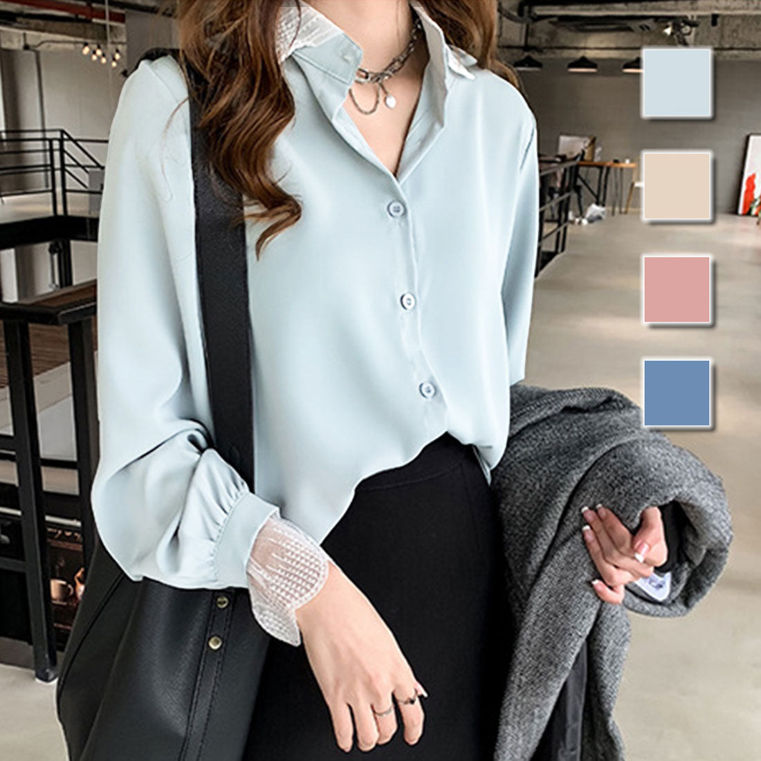 Dewlily Point Lace Blouse for Women Tops Shirts Long Sleeve Spring Clothes Autumn Clothes Korean Fashion for Teens 20s 30s Office Casual Feminine Plus Size