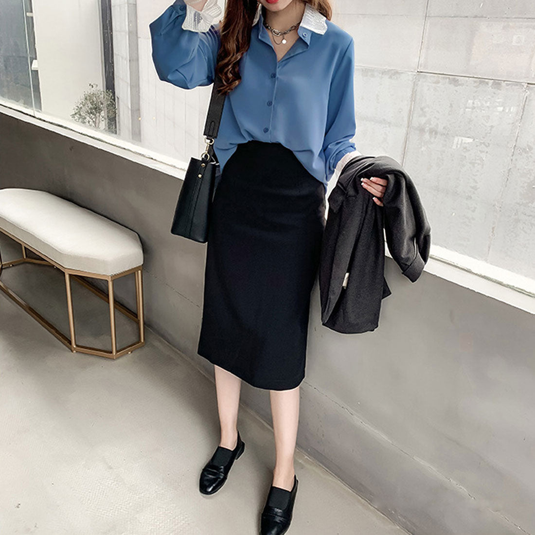 Dewlily Point Lace Blouse for Women Tops Shirts Long Sleeve Spring Clothes Autumn Clothes Korean Fashion for Teens 20s 30s Office Casual Feminine Plus Size