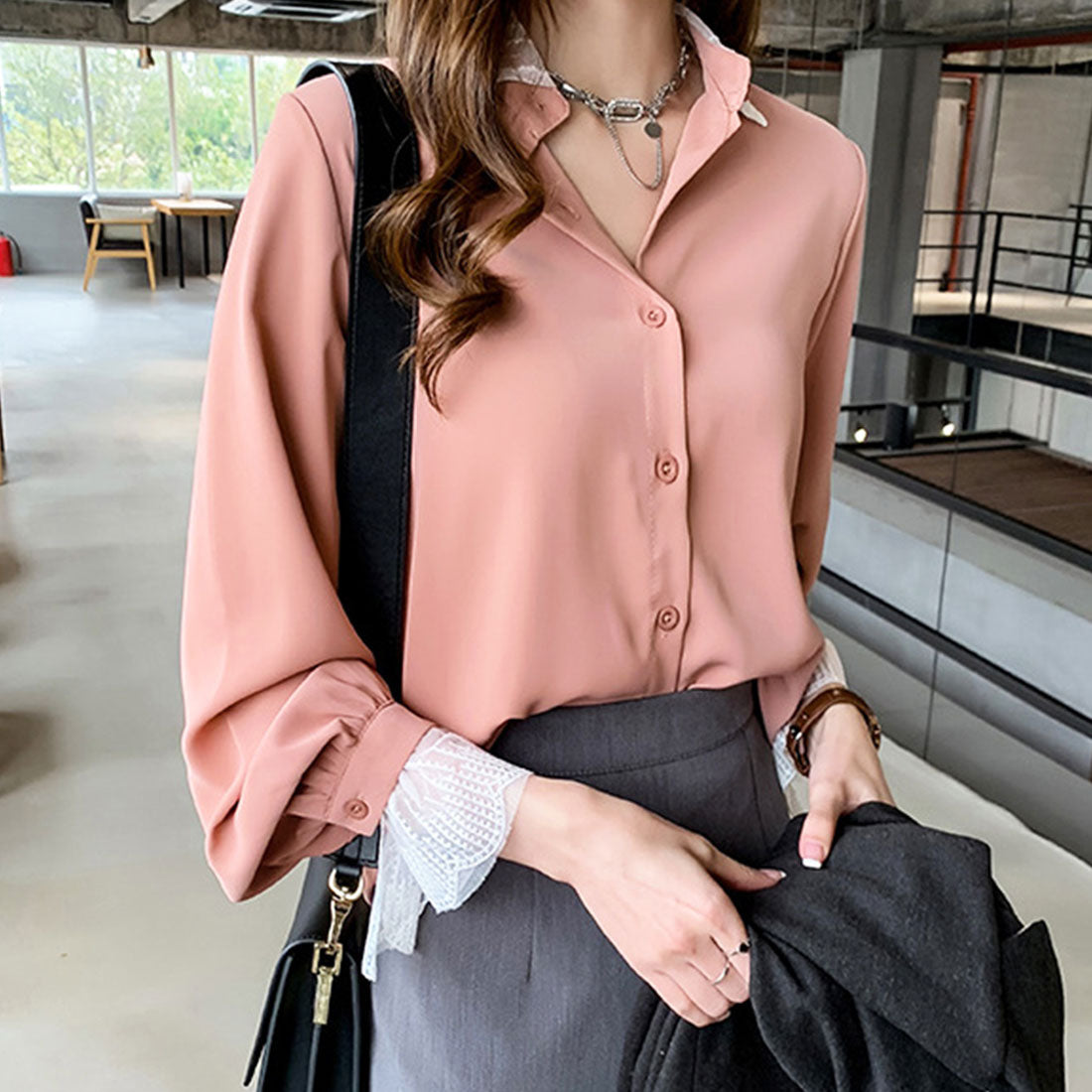 Dewlily Point Lace Blouse for Women Tops Shirts Long Sleeve Spring Clothes Autumn Clothes Korean Fashion for Teens 20s 30s Office Casual Feminine Plus Size