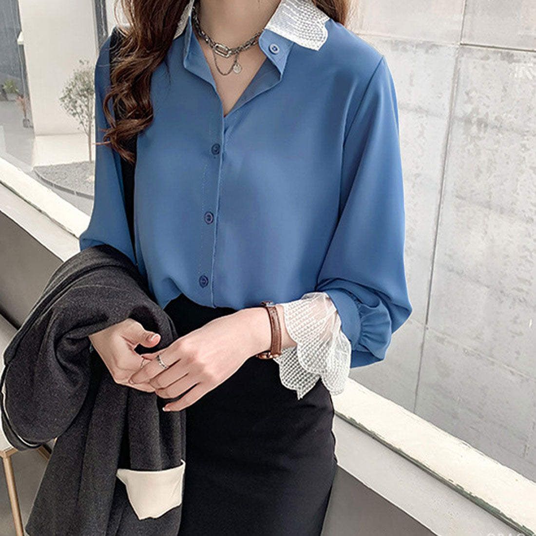 Dewlily Point Lace Blouse for Women Tops Shirts Long Sleeve Spring Clothes Autumn Clothes Korean Fashion for Teens 20s 30s Office Casual Feminine Plus Size