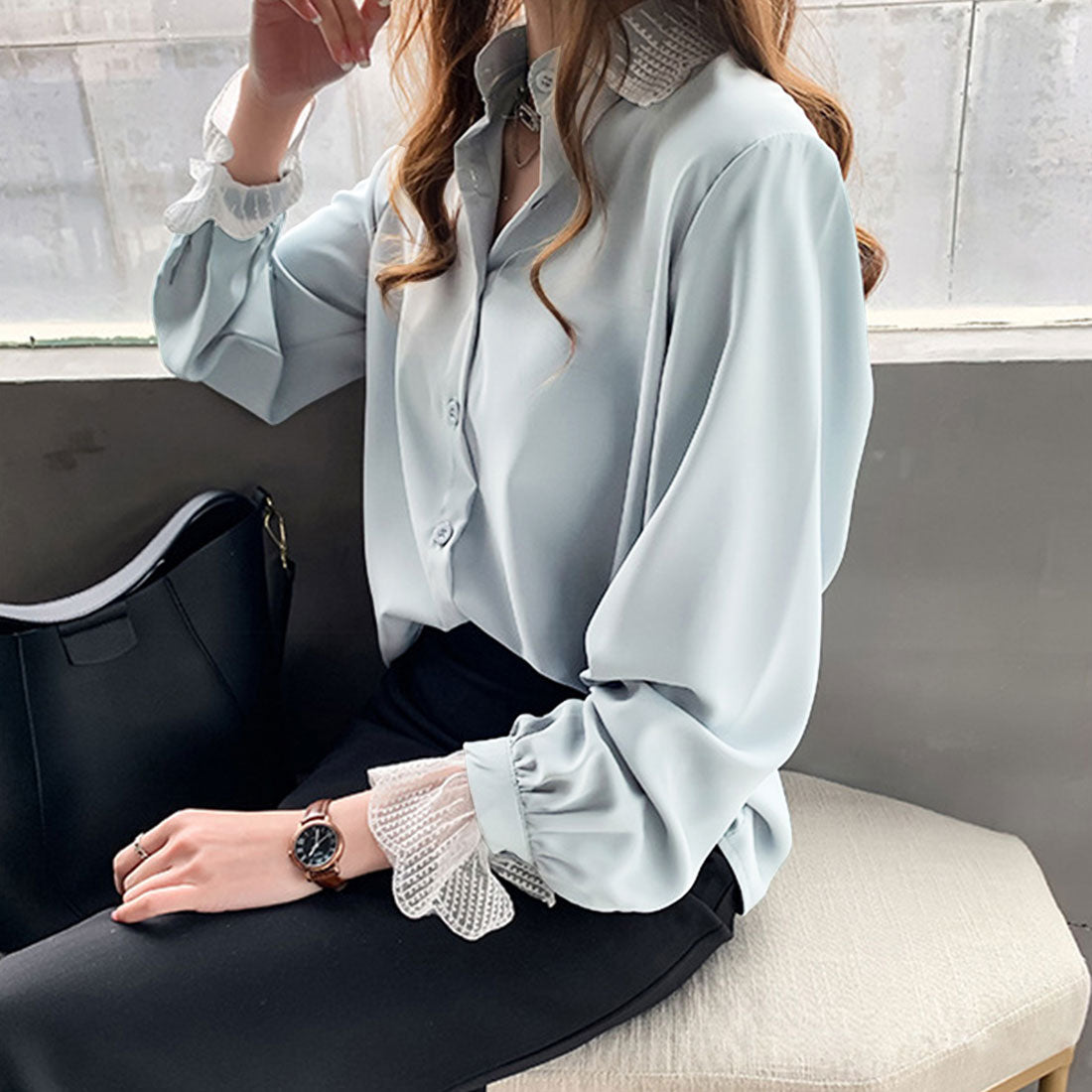 Dewlily Point Lace Blouse for Women Tops Shirts Long Sleeve Spring Clothes Autumn Clothes Korean Fashion for Teens 20s 30s Office Casual Feminine Plus Size