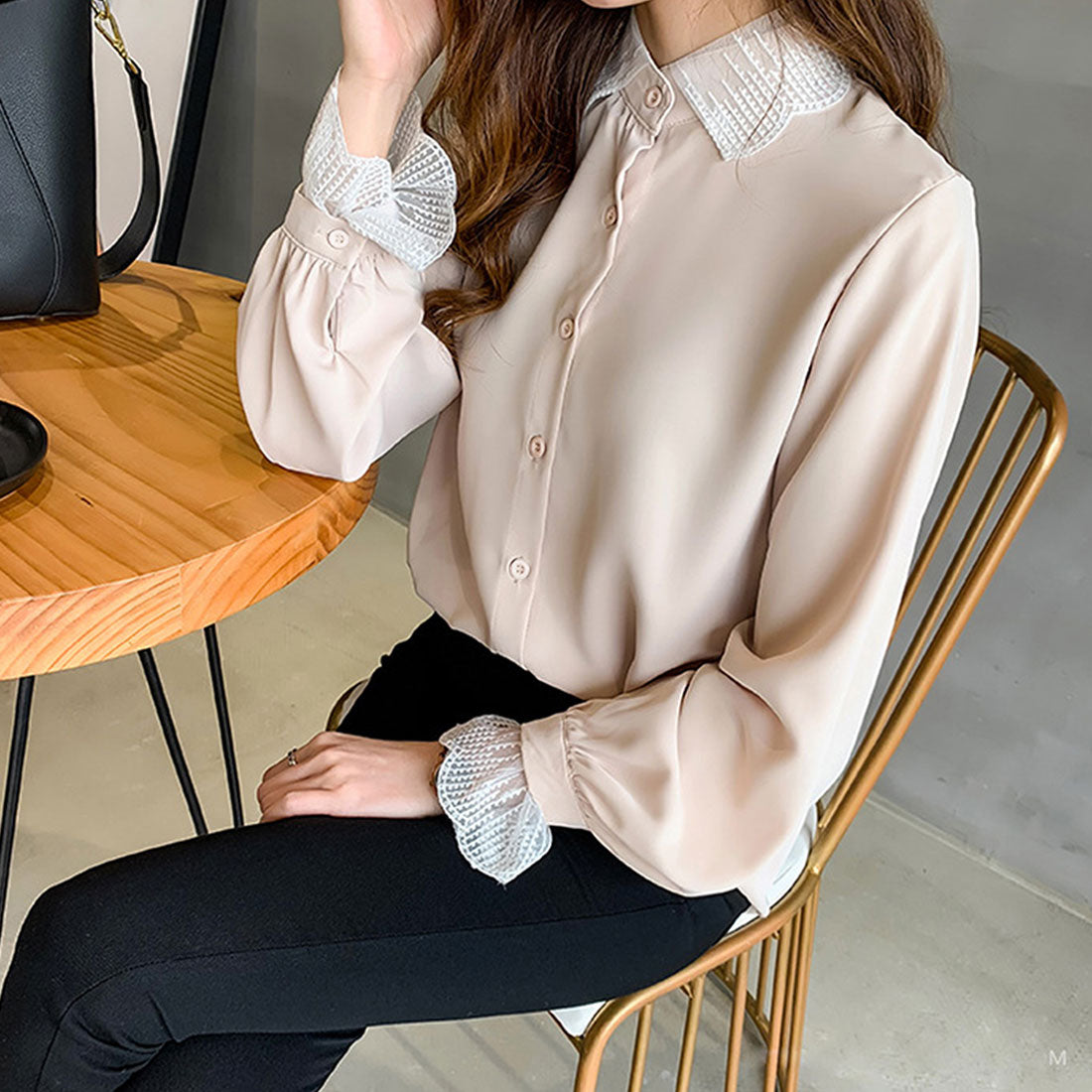 Dewlily Point Lace Blouse for Women Tops Shirts Long Sleeve Spring Clothes Autumn Clothes Korean Fashion for Teens 20s 30s Office Casual Feminine Plus Size