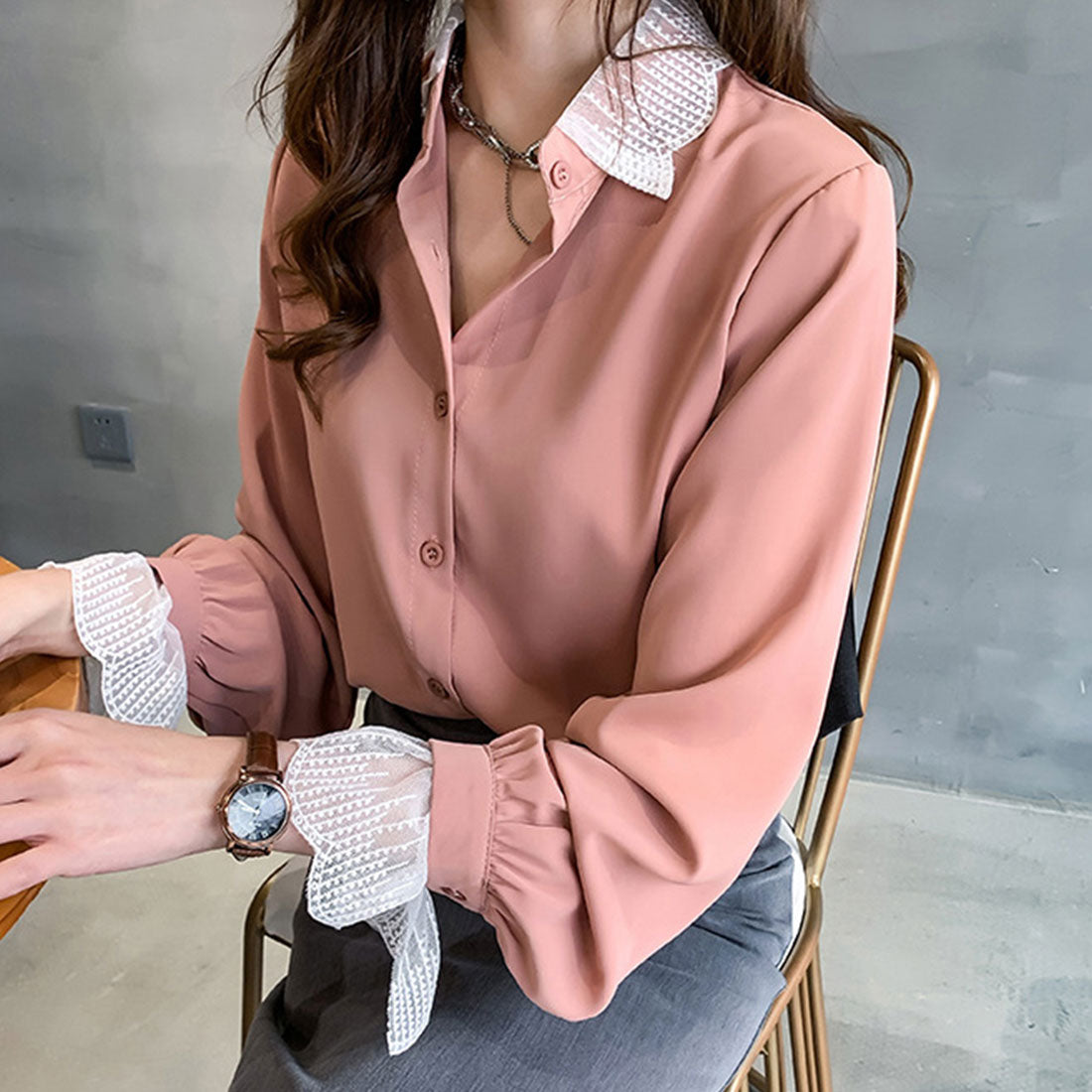Dewlily Point Lace Blouse for Women Tops Shirts Long Sleeve Spring Clothes Autumn Clothes Korean Fashion for Teens 20s 30s Office Casual Feminine Plus Size