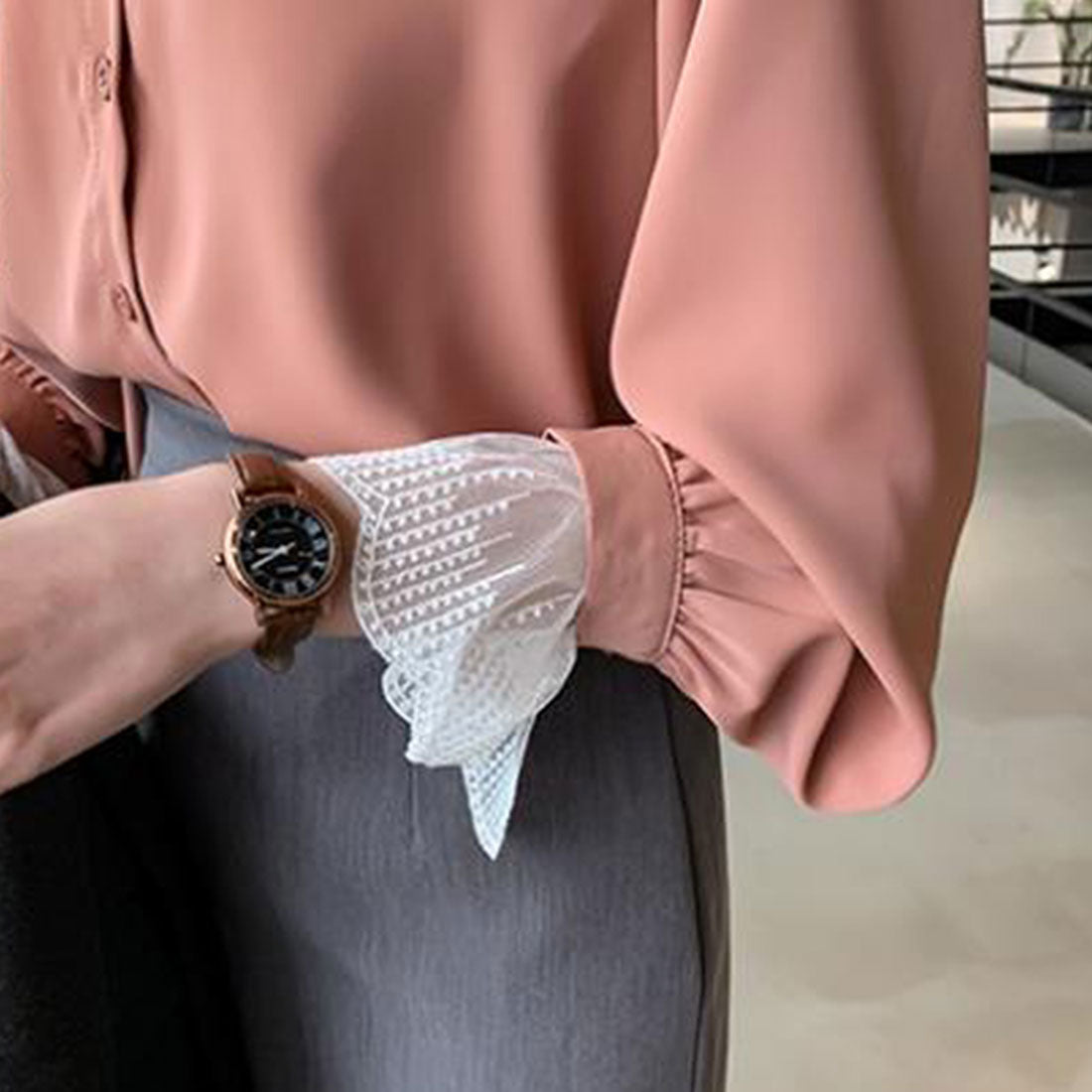 Dewlily Point Lace Blouse for Women Tops Shirts Long Sleeve Spring Clothes Autumn Clothes Korean Fashion for Teens 20s 30s Office Casual Feminine Plus Size
