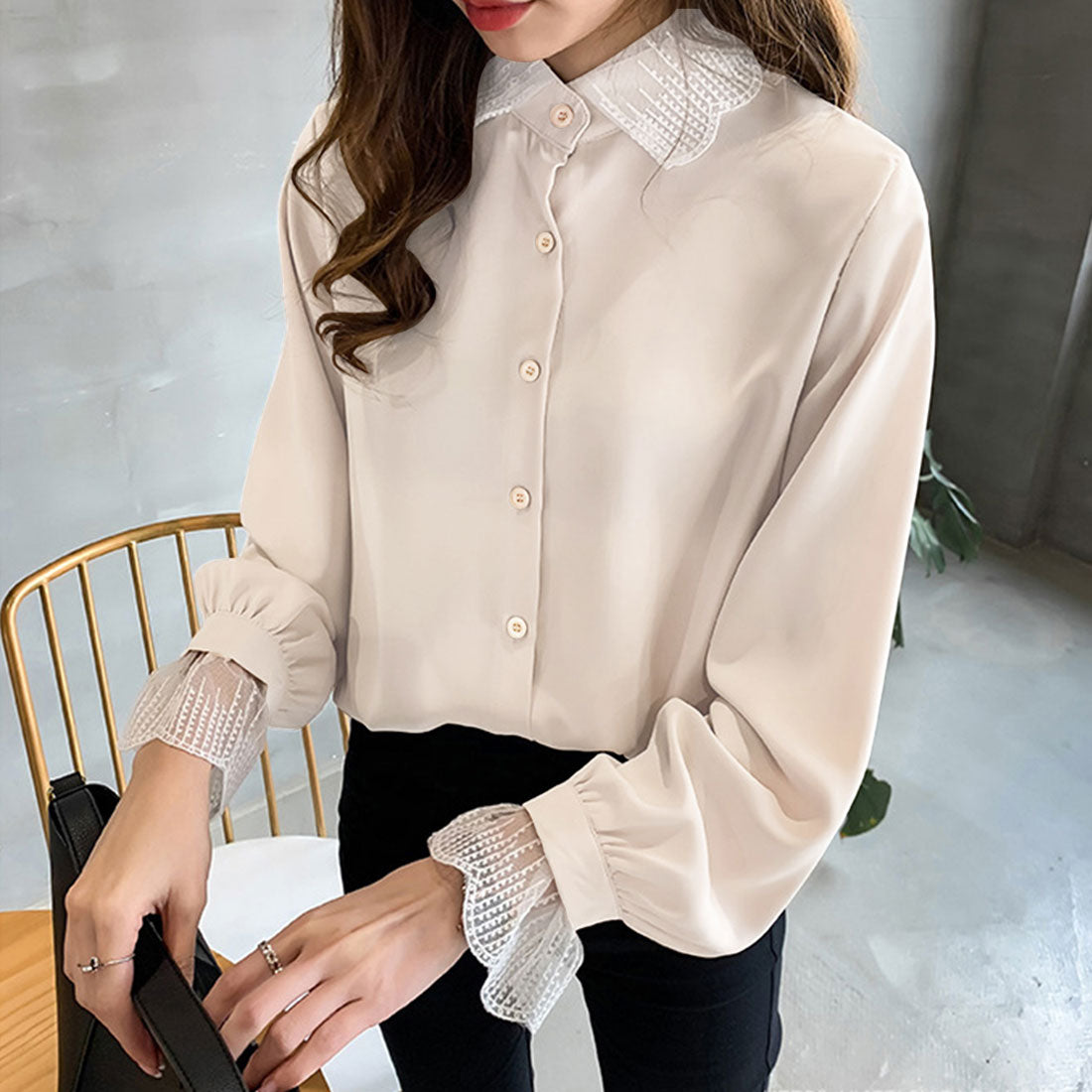 Dewlily Point Lace Blouse for Women Tops Shirts Long Sleeve Spring Clothes Autumn Clothes Korean Fashion for Teens 20s 30s Office Casual Feminine Plus Size