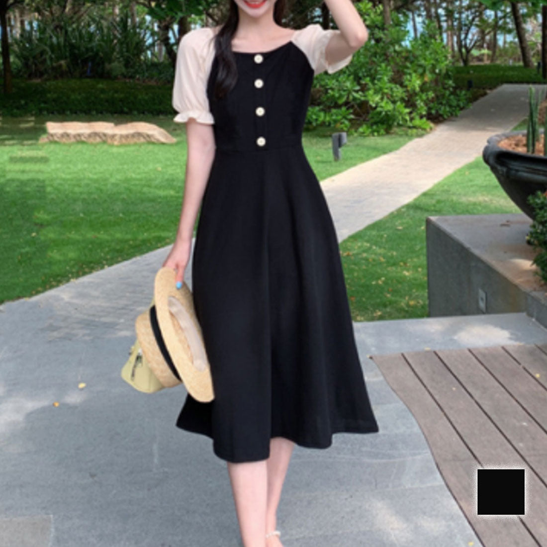 Dewlily Puff Sleeve Dress Korean Fashion Teens 20s 30s Cute Date A-Line Office Style Off Shoulder Plain Simple