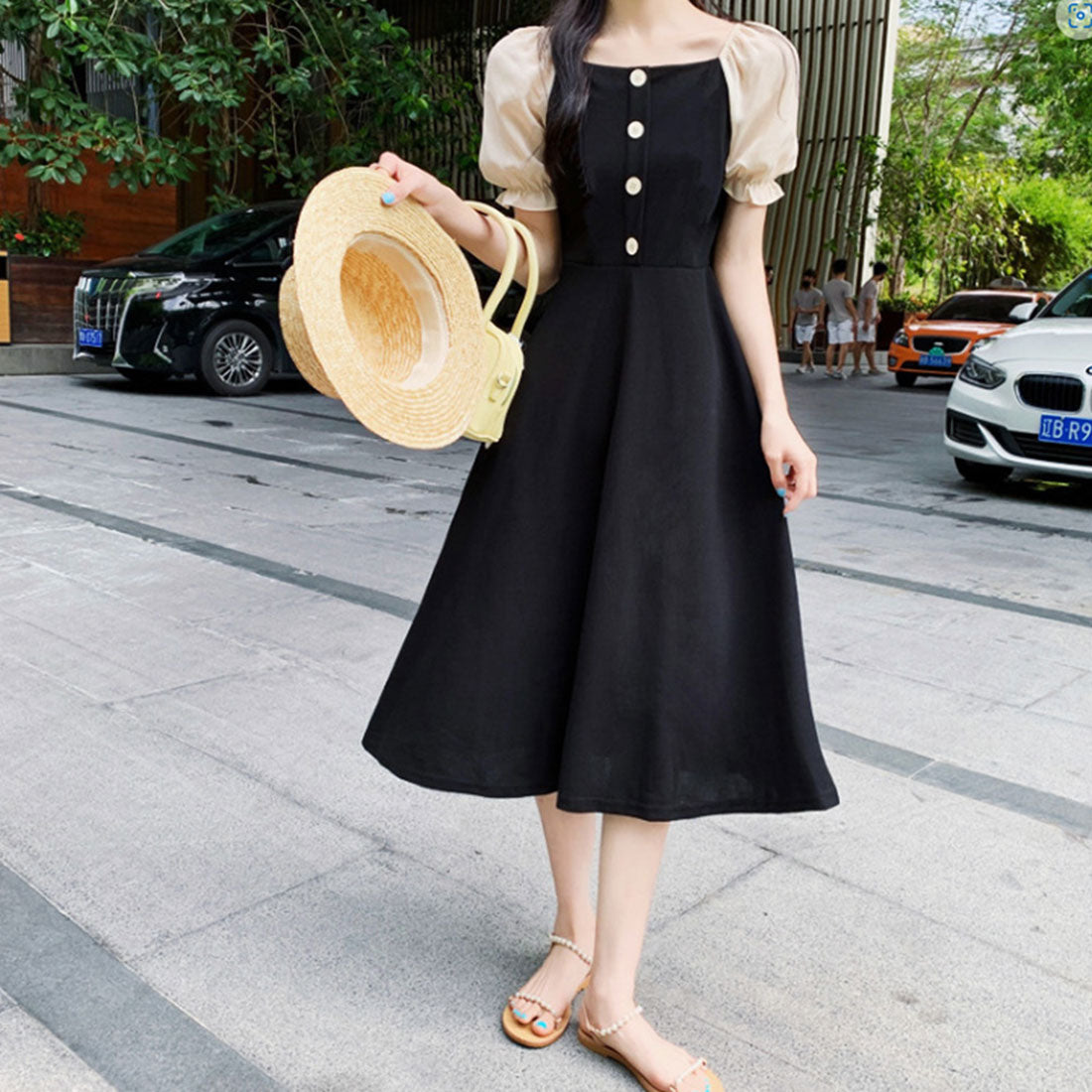 Dewlily Puff Sleeve Dress Korean Fashion Teens 20s 30s Cute Date A-line Office Style Off Shoulder Plain Simple Dewlily Puff Sleeve Dress Korean Fashion Teens 20s 30s Cute Date A-line Office Style Off Shoulder Plain Simple