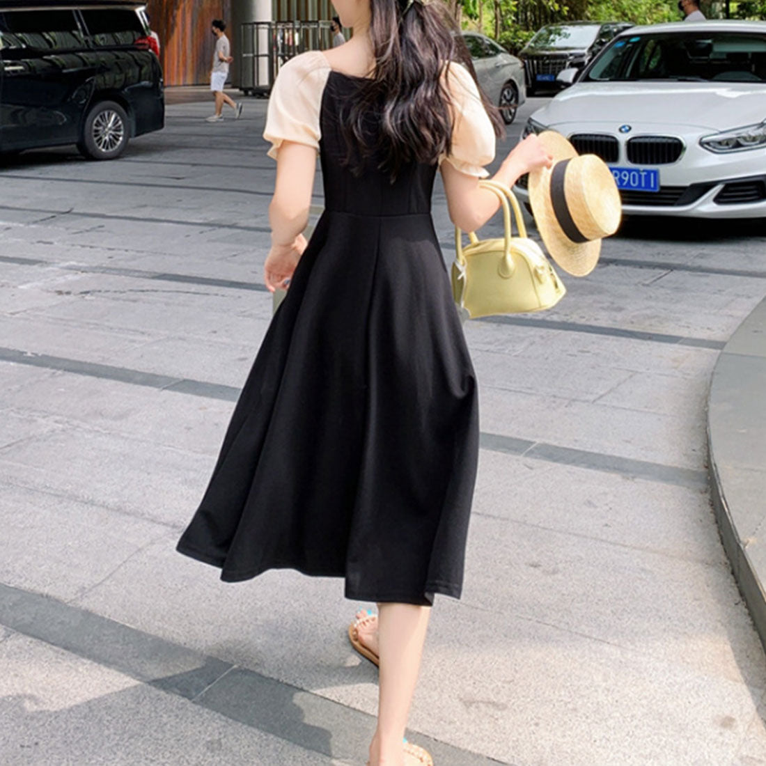 Dewlily Puff Sleeve Dress Korean Fashion Teens 20s 30s Cute Date A-line Office Style Off Shoulder Plain Simple